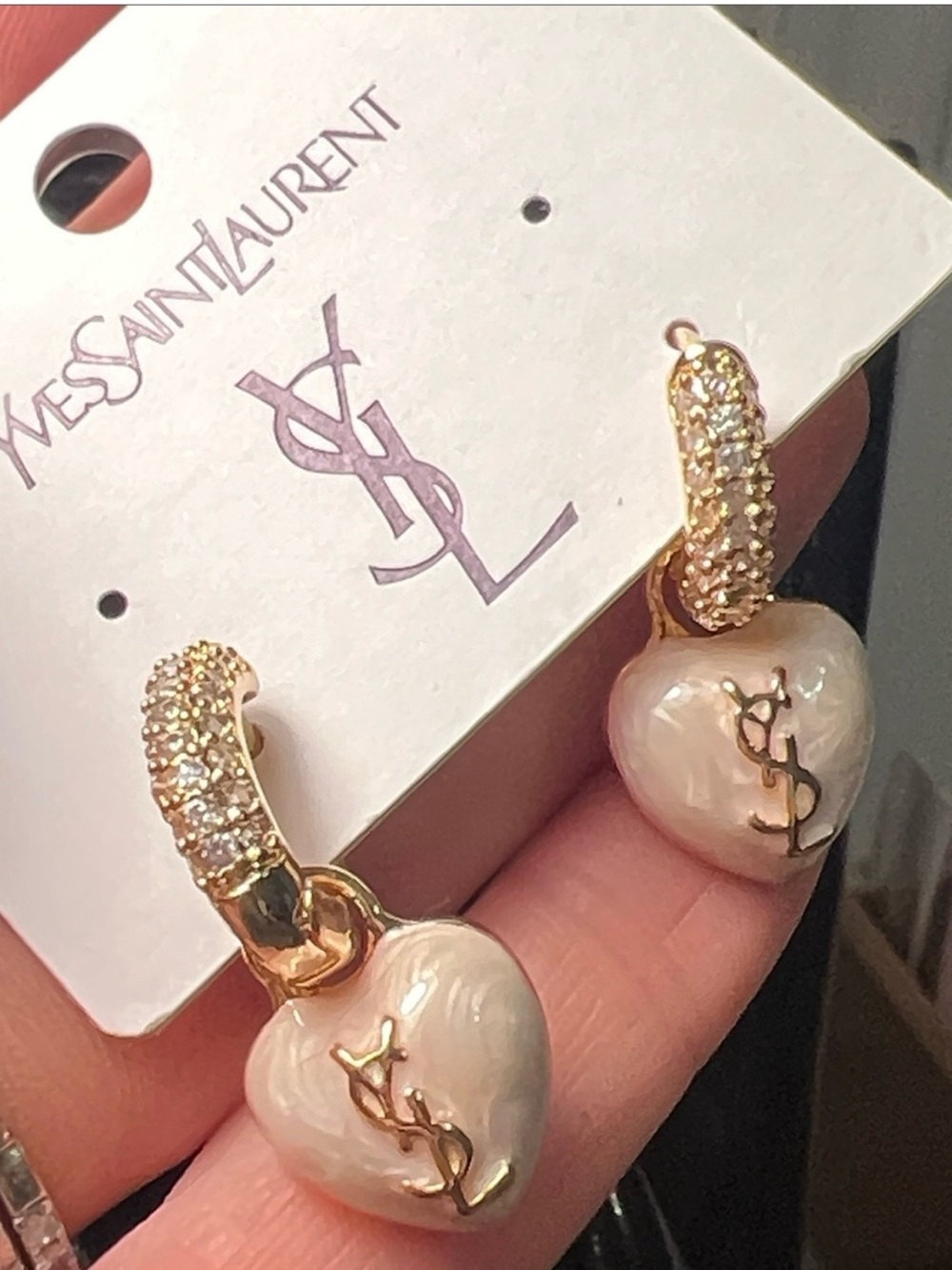 Yves Saint Laurent Gold Pavé Hoop Earrings with Pearlized White Heart Charms